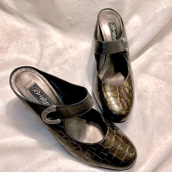 NEW Brighton Beau Mules Sz 7.5 Italy Patent Leather Olive Bronze Crocodile - Picture 2 of 16